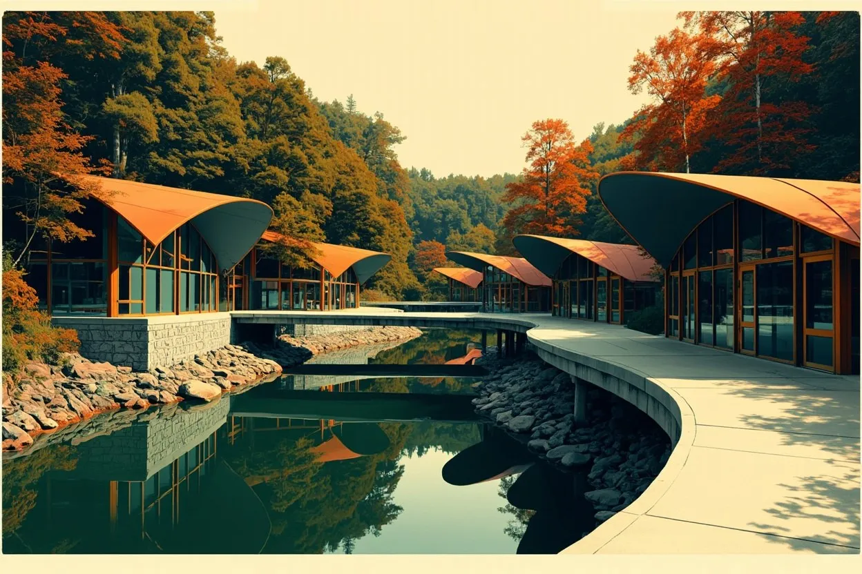 Glass-walled pavilions with curved roofs beside a still pond in autumn woods