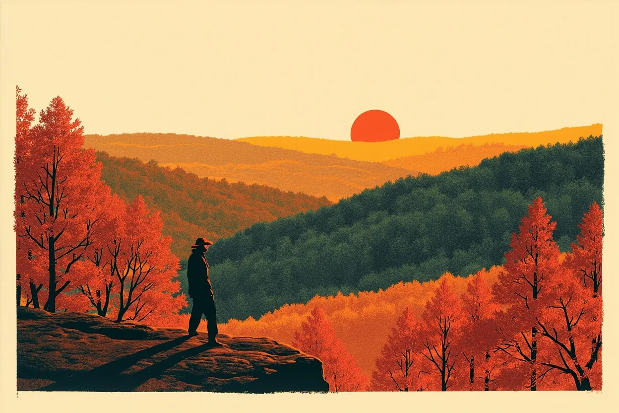 A lone figure standing on a rock ledge above wooded ridgelines in full autumn color, a low sun on the horizon