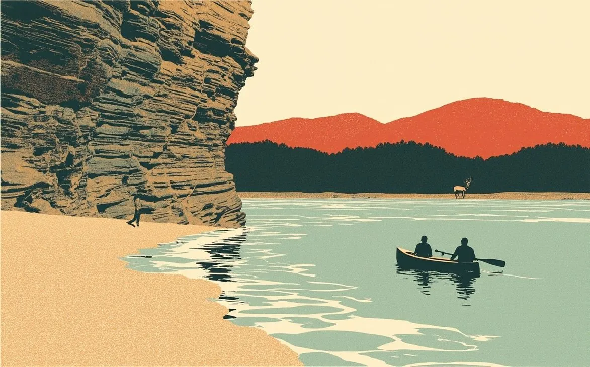 Two people paddling a canoe on a clear river, a tall layered limestone bluff and a gravel bar to one side, an elk on the far bank