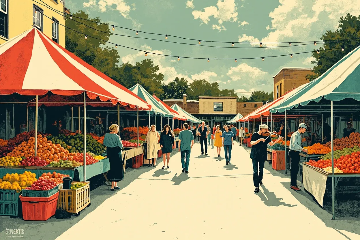 An open-air produce market under striped tents, a fiddler playing, string lights overhead