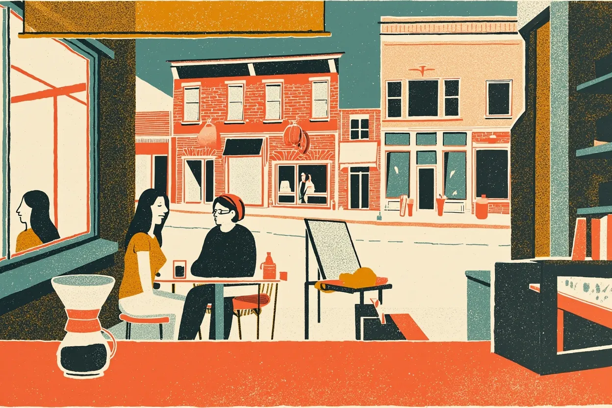 Two people talking at a window table in a corner coffee bar, a pour-over carafe in the foreground, brick storefronts across the street