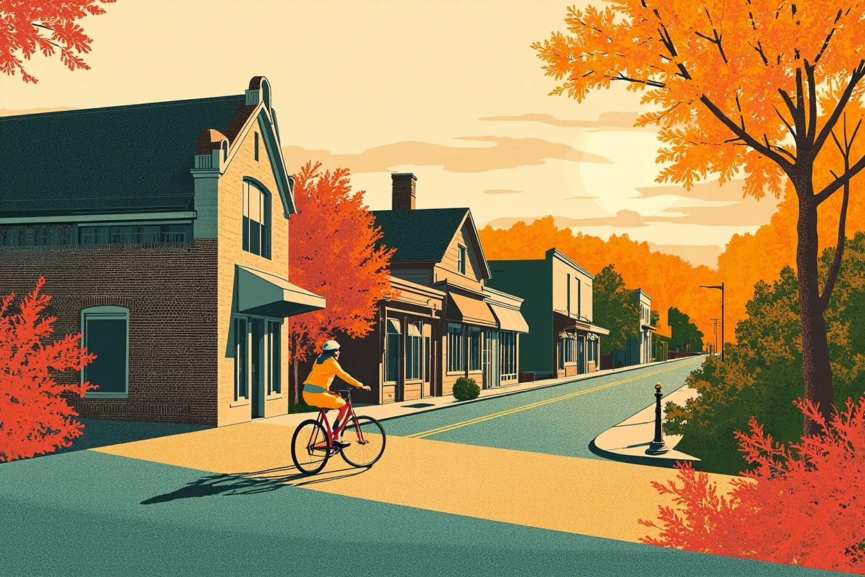 A screenprinted street scene — a cyclist passing brick storefronts under autumn trees at low sun