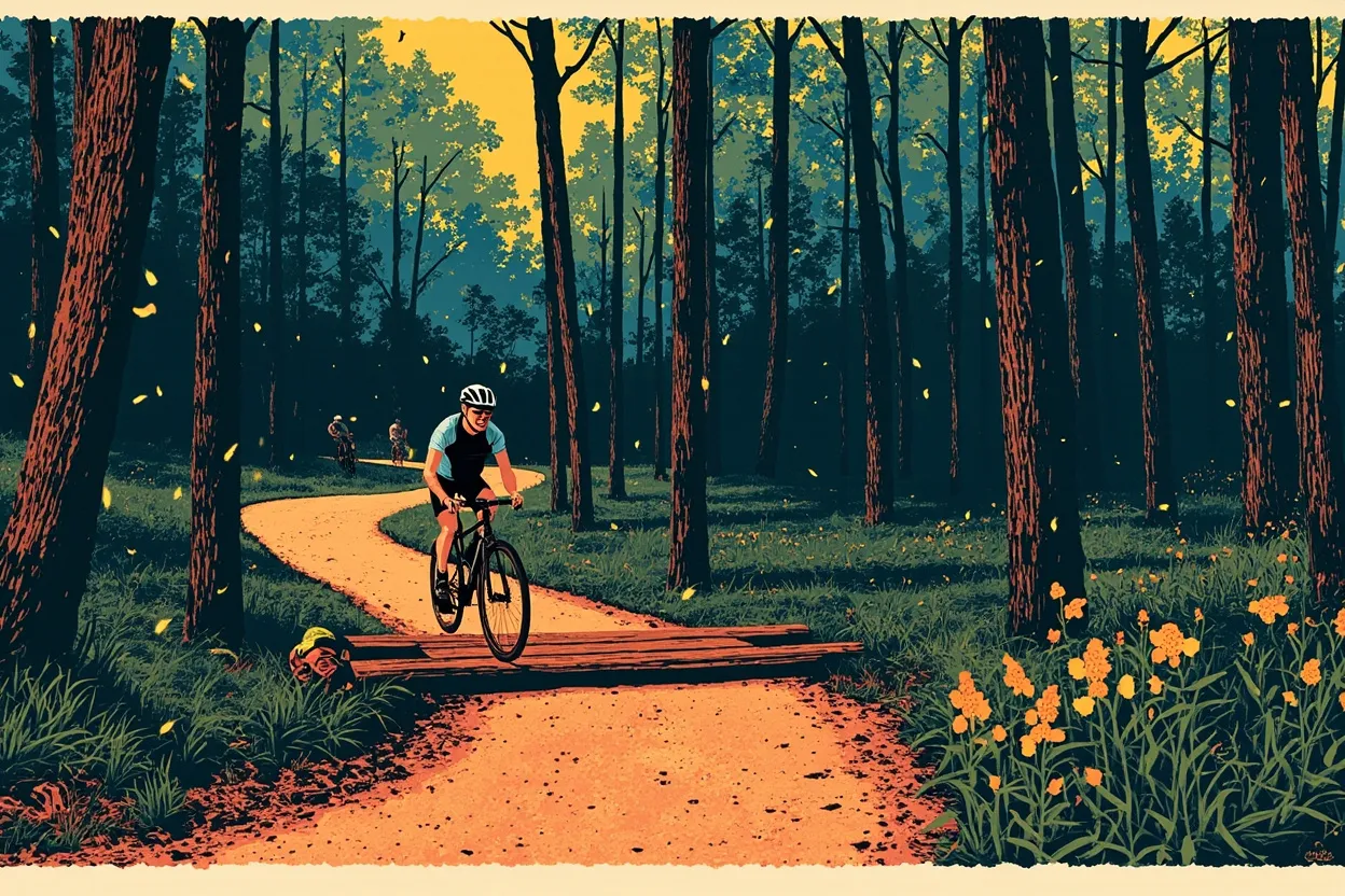 Cyclists on a curving wooded singletrack in golden-hour light, autumn leaves drifting through the trees