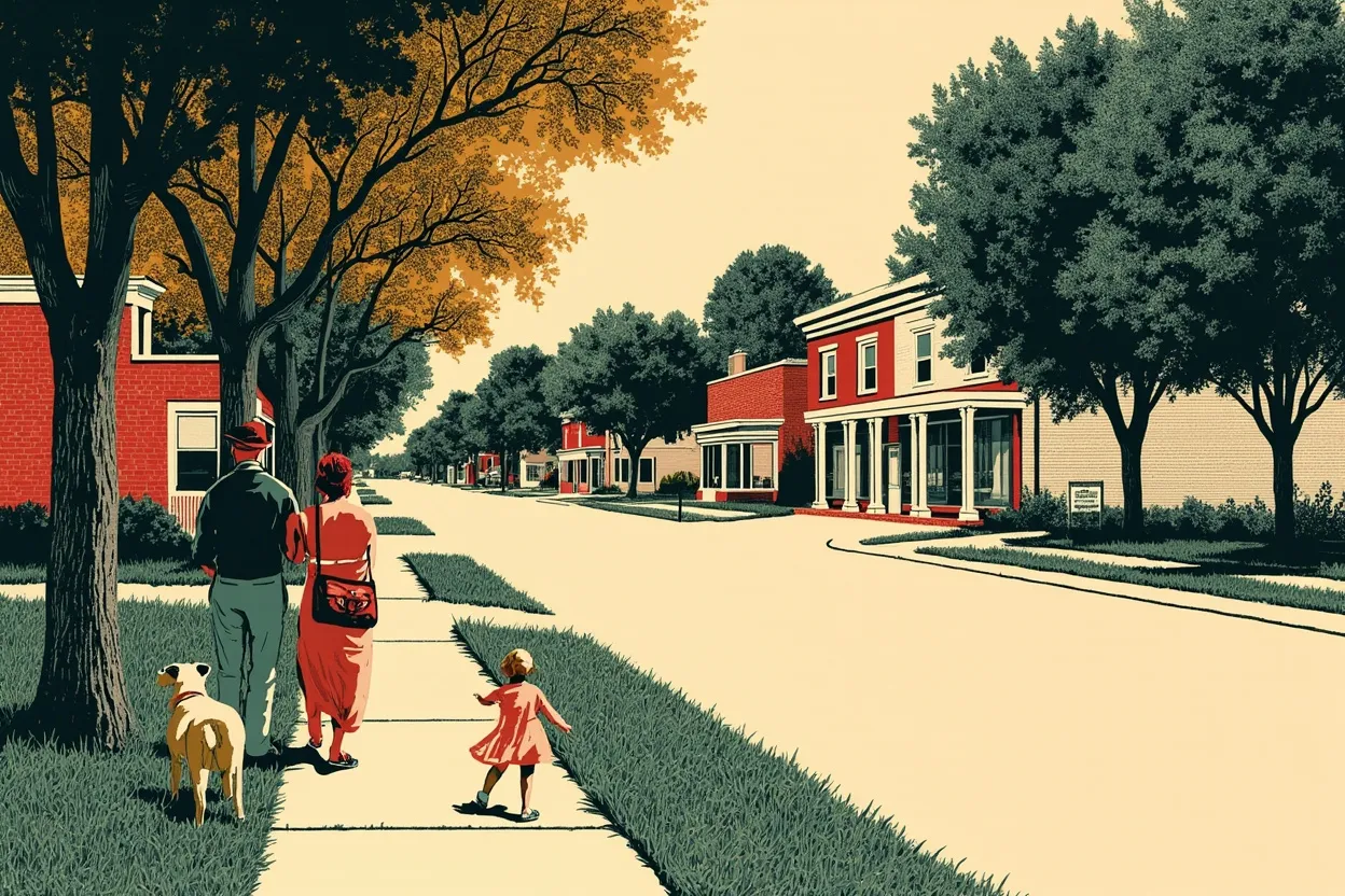 A family walking a dog along a tree-lined sidewalk toward low brick storefronts at the end of the street