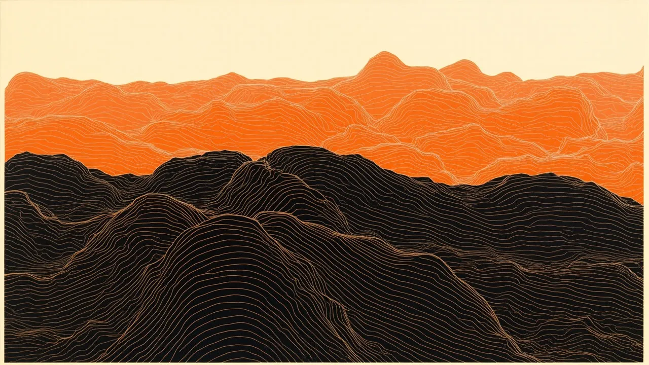 Risograph illustration of layered Ozark hills at sunset in the ArkFunk Palette colors — burnt orange, ink, and cream