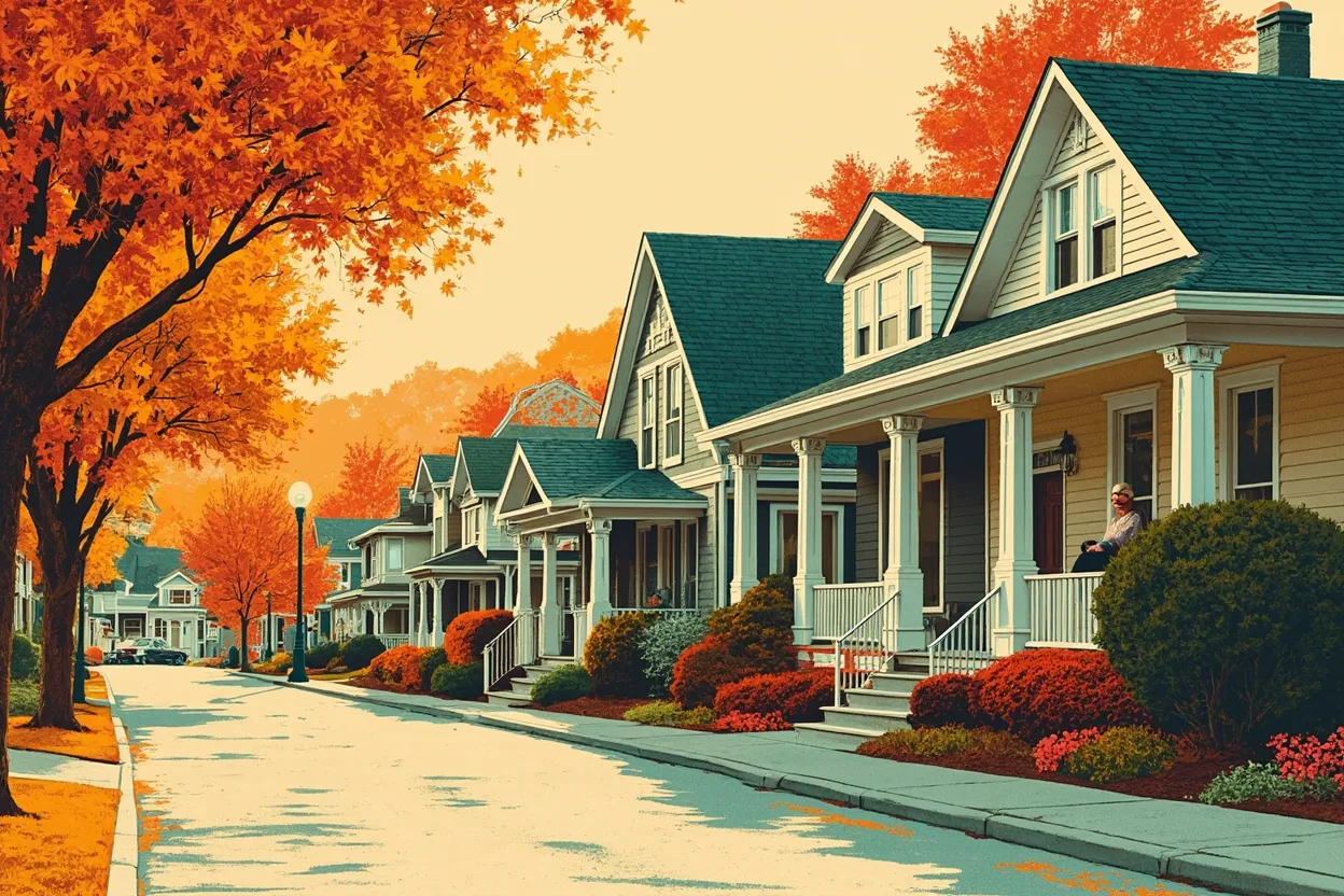 Older homes with columned porches on a tree-lined street in full autumn color