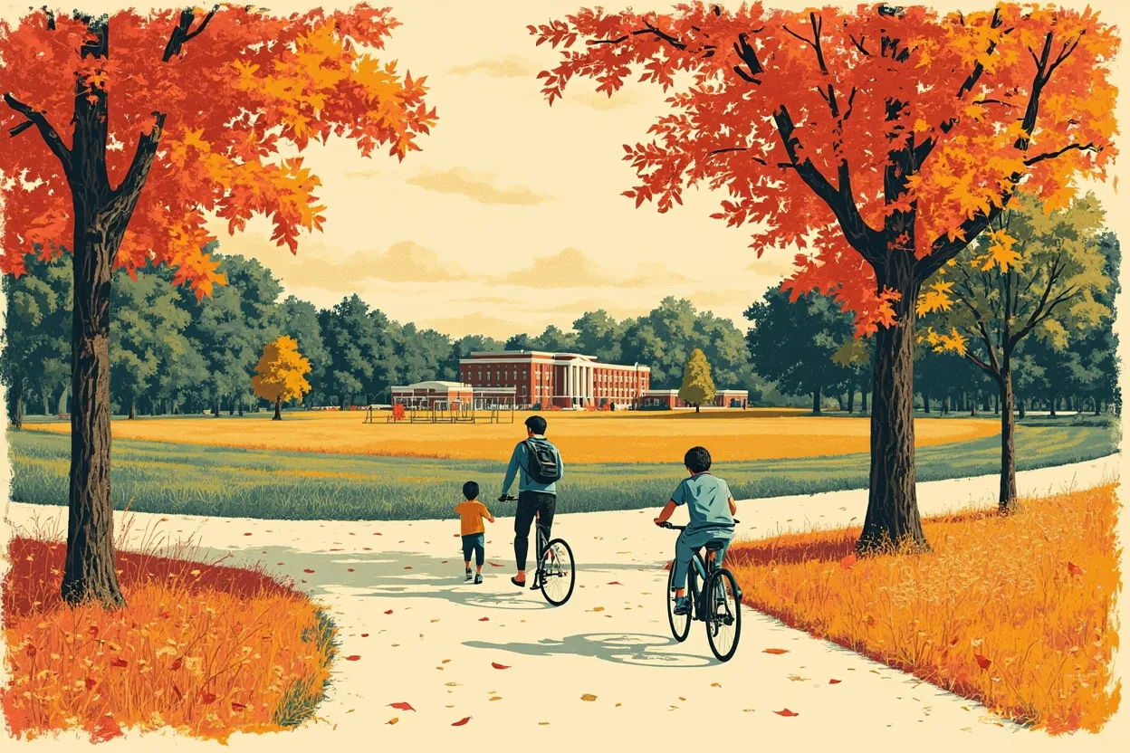 A parent and two children on a paved path beside a park, a school and playground beyond