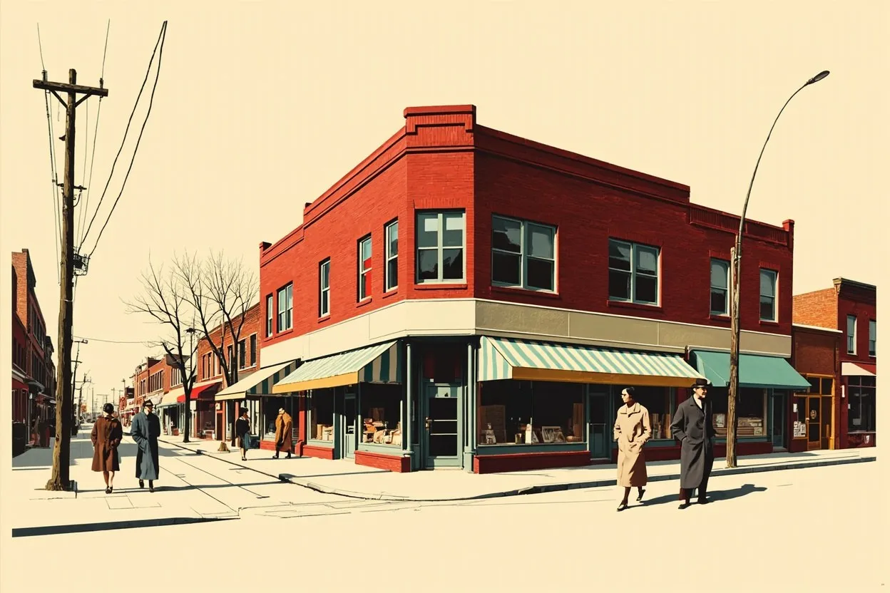 A two-story brick corner storefront with green-and-white striped awnings and midcentury passers-by